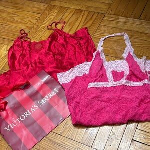 2 Victoria's Secret Red Silk and Pink Lace Slip Dress set